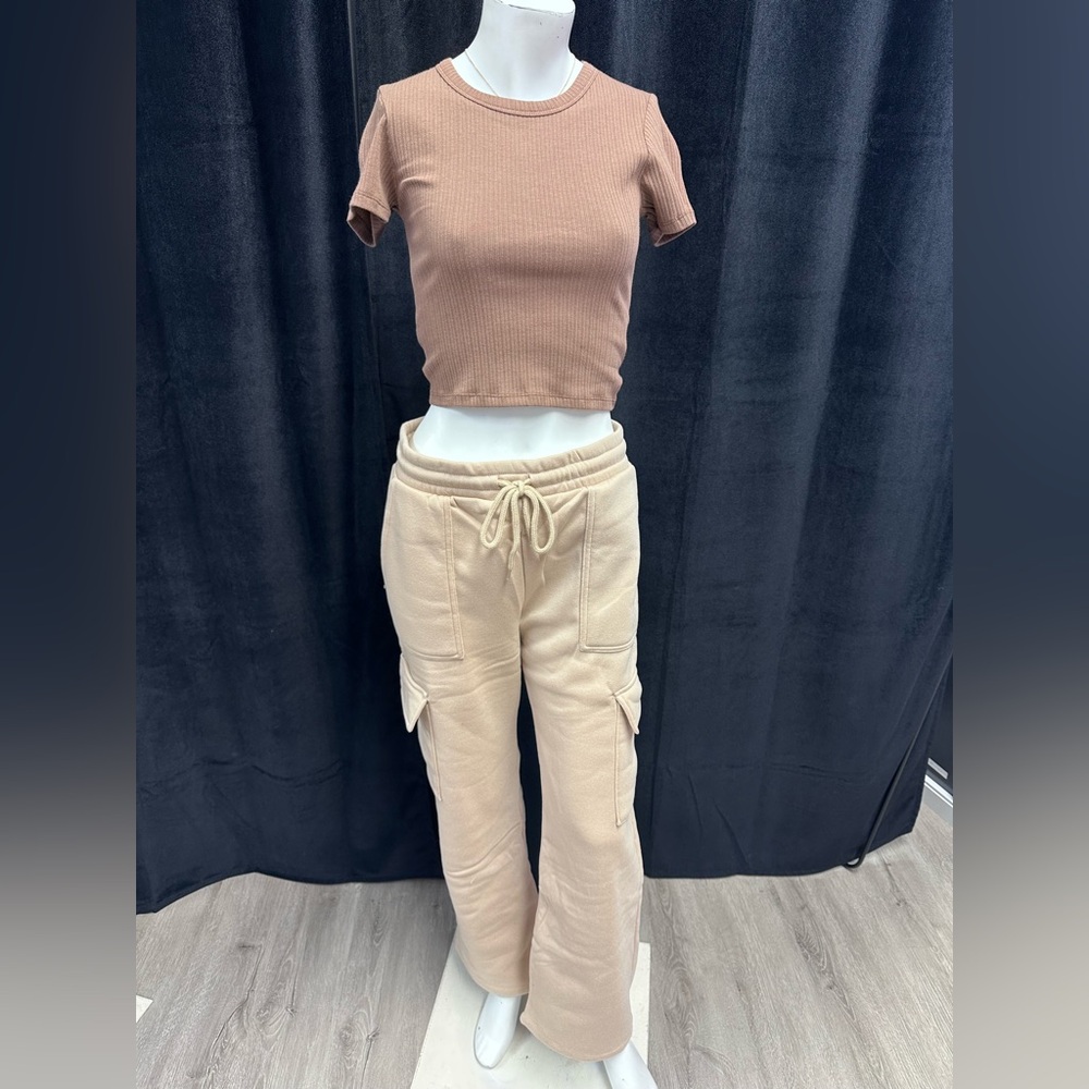 Beige Flare Cargo Fleece Stretch Casual Athletic Sweat Pants